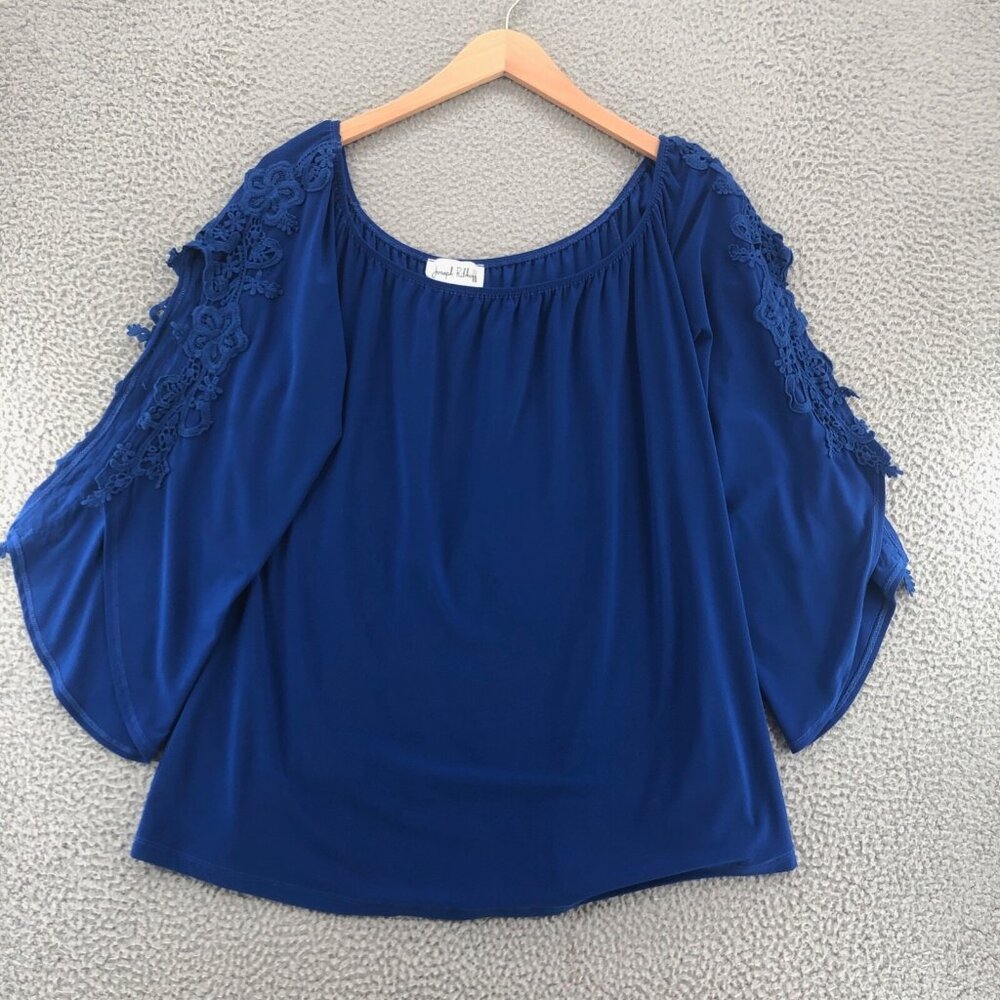 Joseph Ribkoff Top Womens 14 Blue Lace Slit Sleeves Off Shoulder Stretch Tunic*